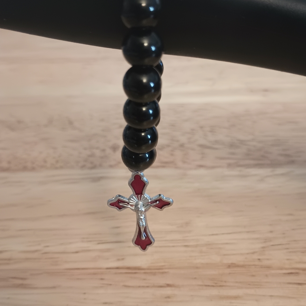 Black Beaded Necklace with Red Cross Pendant